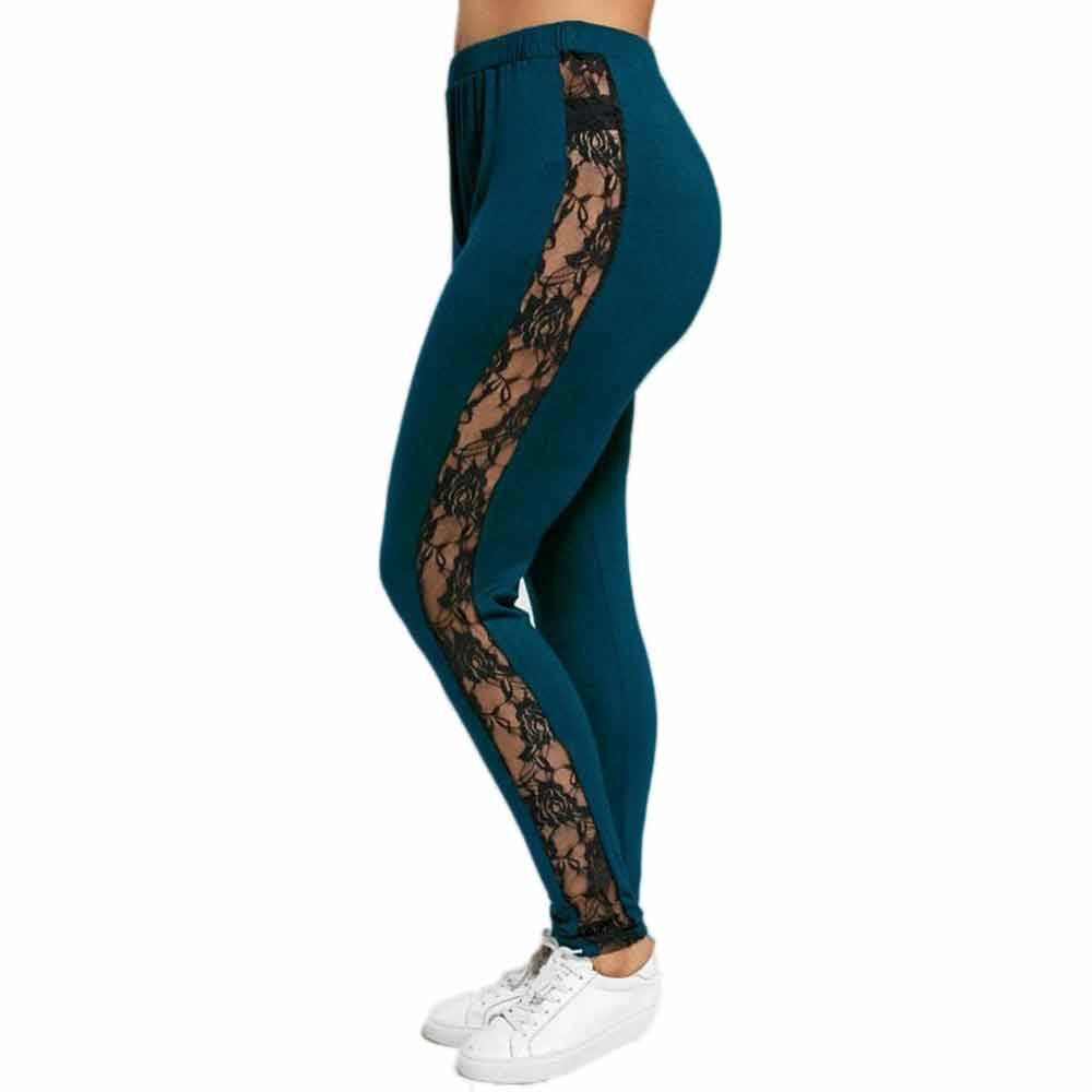 Women Plus Size Elastic Leggings Lace Floral Splicing Sport Pants Sport Pants