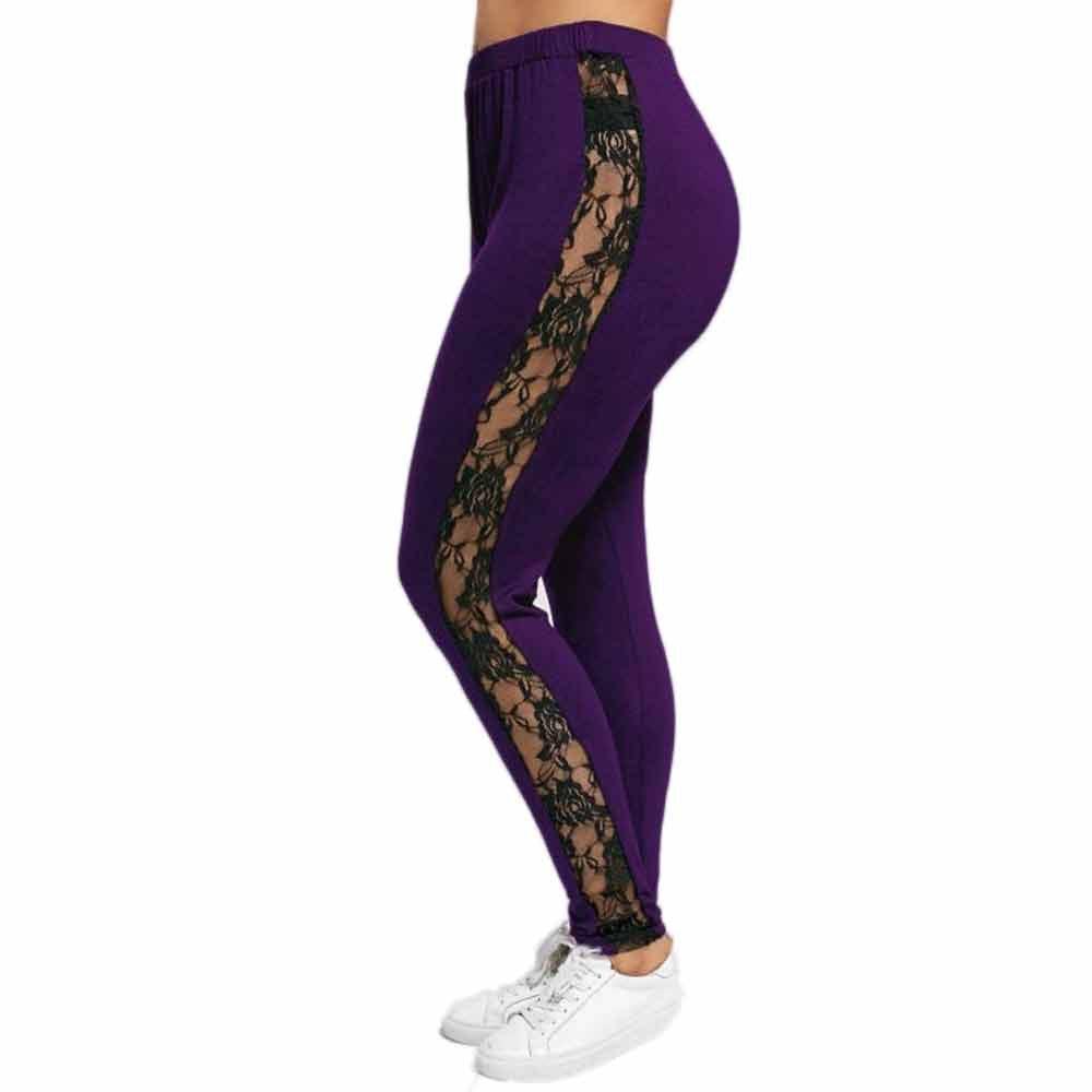 Women Plus Size Elastic Leggings Lace Floral Splicing Sport Pants Sport Pants